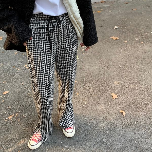 

2021 new houndstooth casual wide-leg women's spring high-waist loose straight slit trousers drape mopping all-match pants p2qr, Black;white