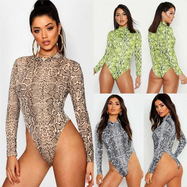 

long sleeve turtleneck women jumpsuit bodycon slim snake skin print clubwear party leotard outwear, Black;white