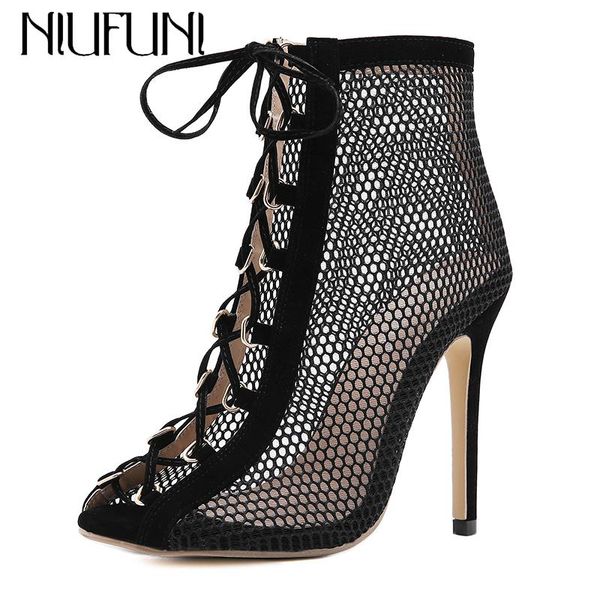 

boots niufuni peep toe mesh women ankle strap sandals fashion stiletto high heels casual shoes for lace up femmes bottes, Black