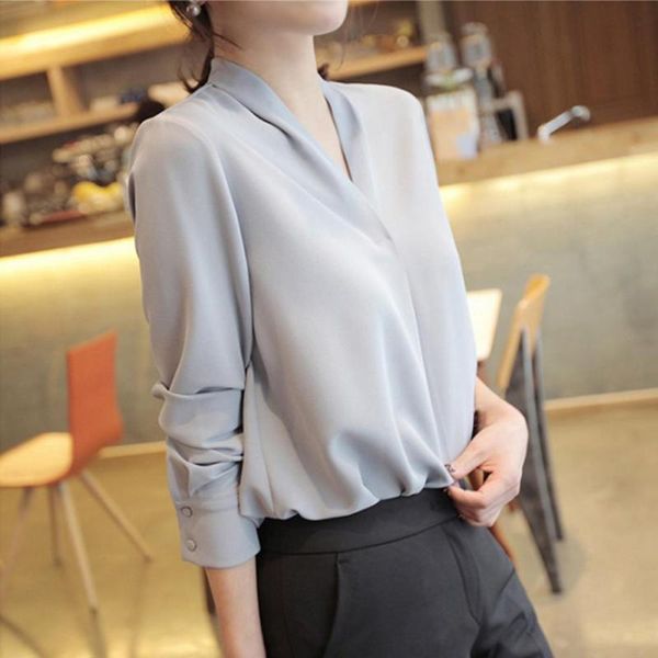 

women's blouses & shirts women casual solid color skin-friendly long sleeve breathable all-matched polyester v-neck office chiffon shir, White