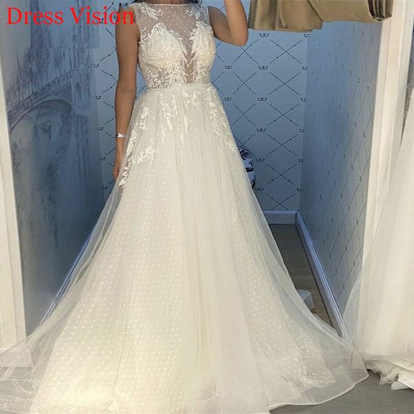 

2021 arrival lace appliques o-neck sleeveless wedding robe marie to be long bride gown vestido de novia pneo, White