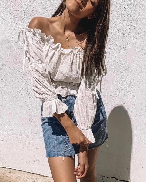 

2021 women white embroidery hollow out hole wood ears off shoulder leg sleeve shirt retro elastic ruched short blouse sweet