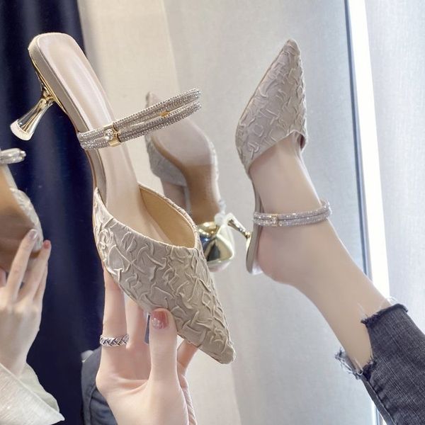 

luxury slippers slippers high thin heels pointed women's sho wrinkled bread head half drag 2021 summer korean version two wear sandals, Black