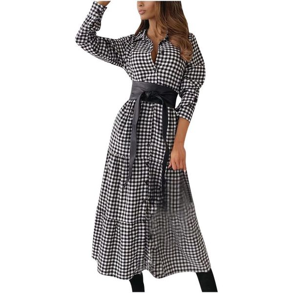 

casual dresses women's long sleeve plaid turn-down collar gathered waist button dress belt work vestidos, Black;gray