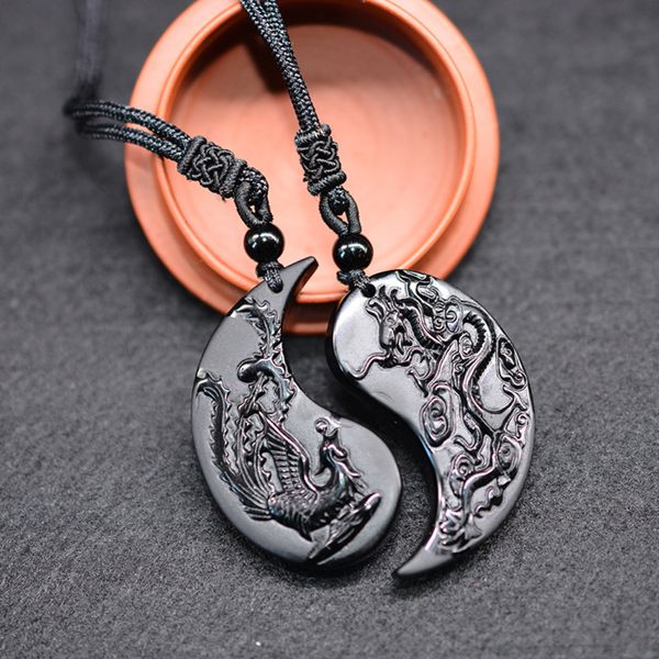 

1 set obsidian taichi dragon and phoenix necklace pendant yin yang lucky s, Silver