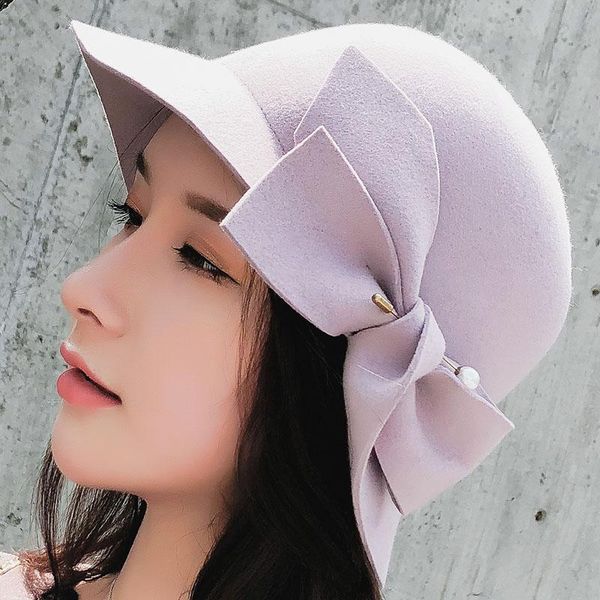 

stingy brim hats suogry 2021 winter elegant wool fedoras hat female dome fold bow felt charming solid floral women fedora cap, Blue;gray