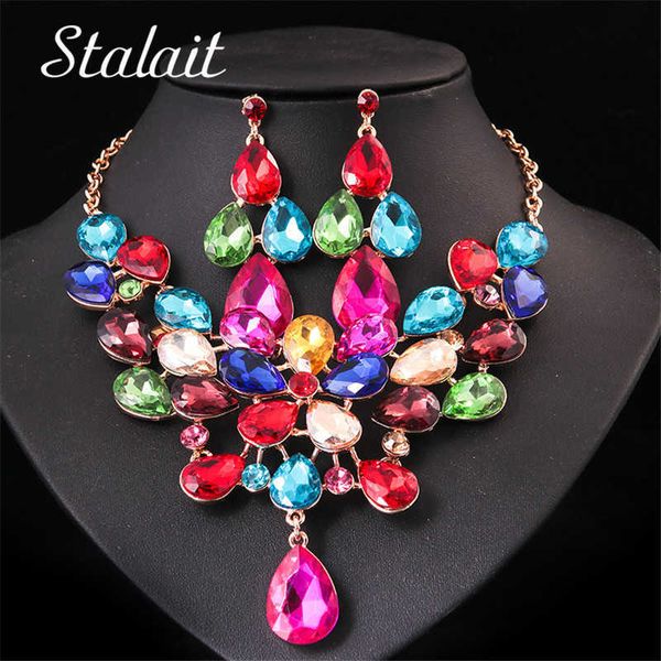 

charm gift flower wedding jewelry gold color water drop crystal necklace pendant earrings jewelry set for women accessories h1022, Silver