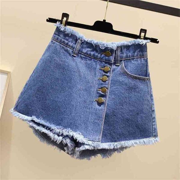 Plus Size Vintage Einreiher Denim Shorts Frauen Casual Quaste Zerrissene Jeans Sommer Mädchen Röcke 210621