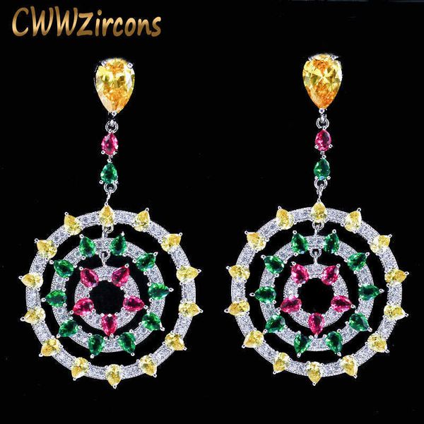 

graceful multi yellow red green color cubic zirconia round long drop earrings for women party costume jewelry cz276 210714, Silver