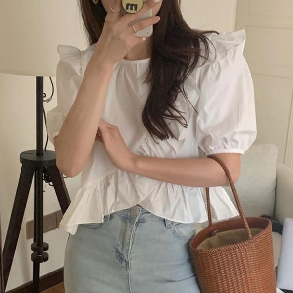 

women's blouses & shirts alien kitty 2021 white sweet chic o-neck ruffles girls femme elegant slim ol casual loose women summer