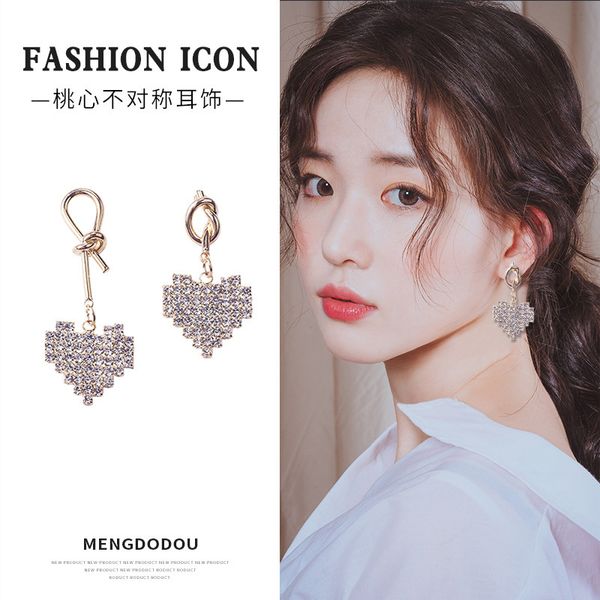 

925 silver needle new personality ab asymmetric full diamond peach love long knot earrings for women