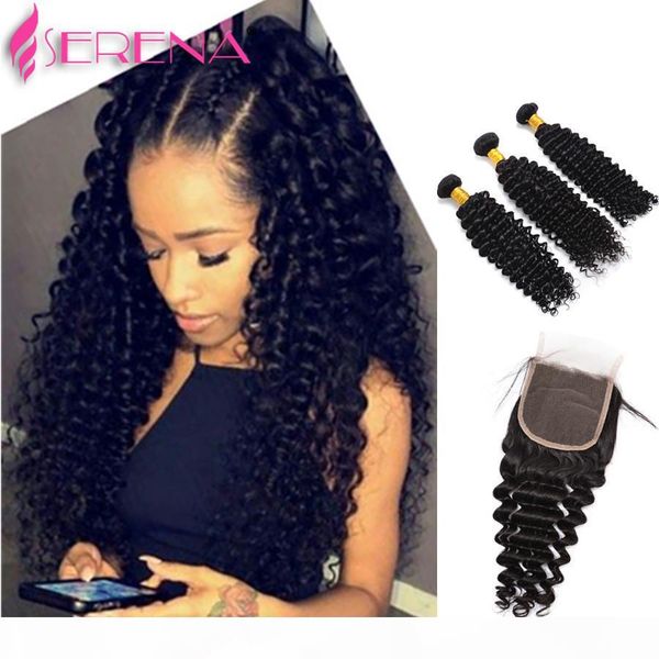 

peruvian human hair 4pcs lot middle part lace closure with 3pcs hair bundles unprocessed human hair weave extension deep wave, Black;brown