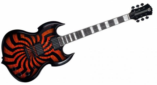 Бесплатная доставка Wylde Audio Carbarian Hellfire Orange Background Buzzsaw стеганый клен Top SG Электрическая гитара Большой блок инкрустации, черное оборудование