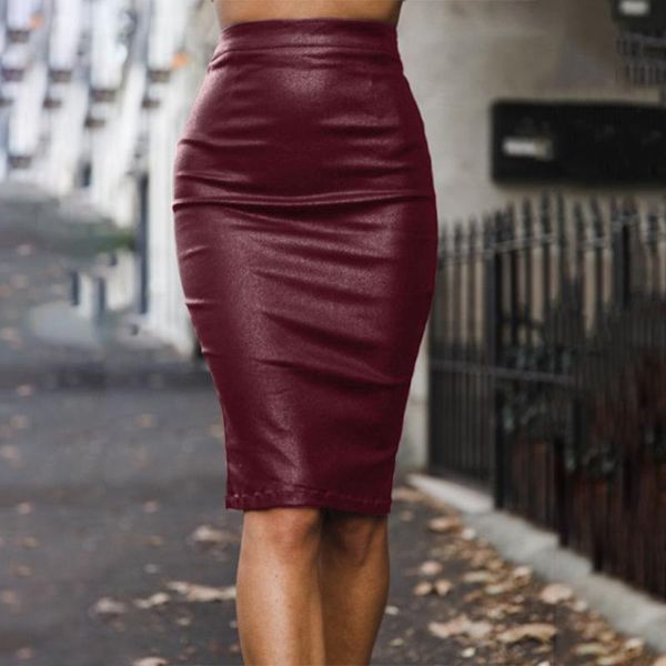 

skirts doreenbow fashion womens faux leather pencil skirt below knee length office ladies solid color midi bodycon s-xl, Black
