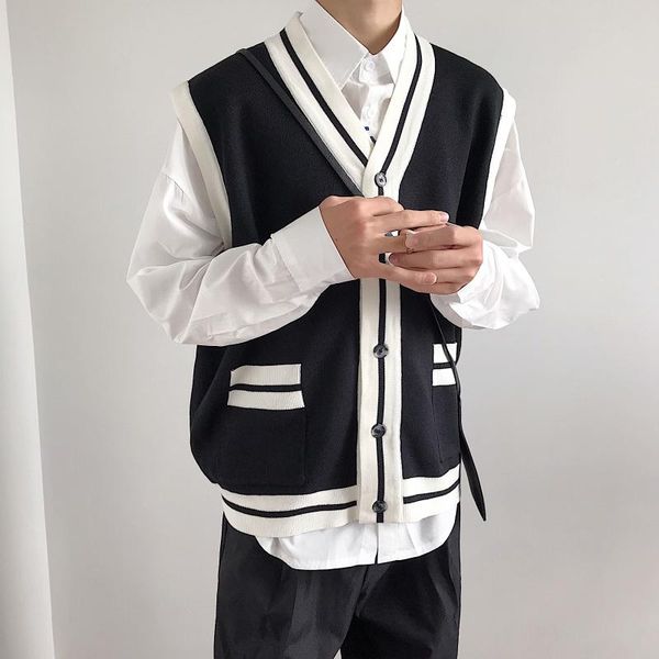 

men's vests 2021 autumn simple black and white color matching woolen vest waistcoat sleeveless retro ins knitted cardigan, Black;white