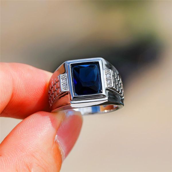 

wedding rings men women blue zircon stone ring fashion 925 silver party chain classic promise engagement for couple, Slivery;golden