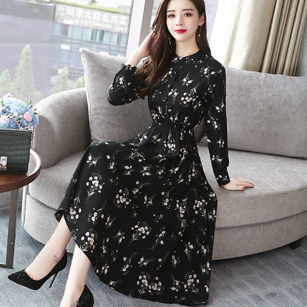 

2021 new spring autumn elegant women party long sleeve vestidos black vintage floral chiffon plus size boho es dng2, Black;gray
