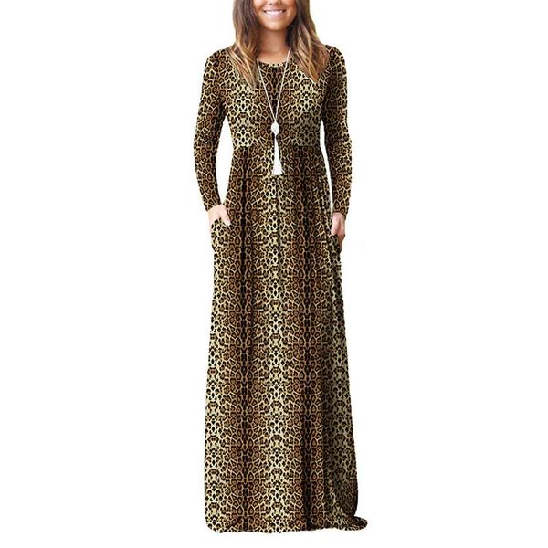 

casual dresses spring autumn summer dress women leopard print o-neck pocket stitching elastic waist long pullover vestidos, Black;gray