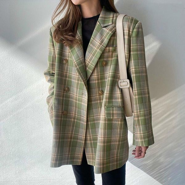 

women's suits & blazers 2021 spring vintage loose women plaid blazer chic double breasted female long sleeve suit jackets stylish ladie, White;black