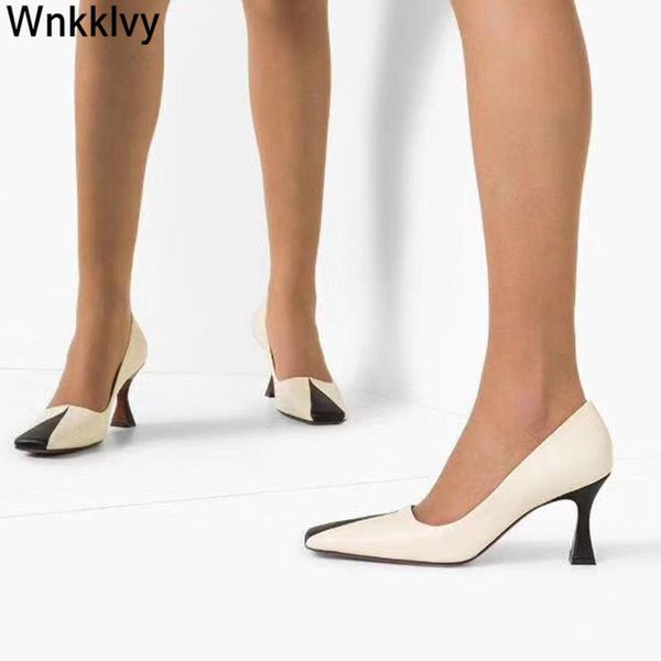 

dress shoes genuine leather pumps high heels women 2021 square toe runway design slip on stilettos patchwork single, Black