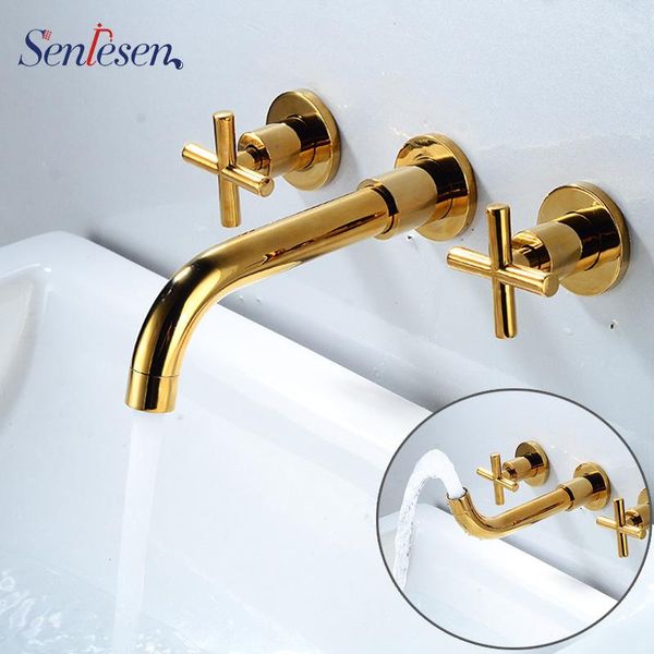

bathroom sink faucets senlesen basin brass two double handles wall mounted and cold water tap