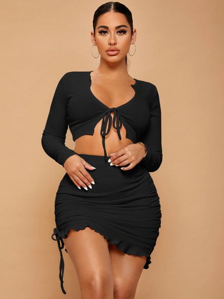 

sxy knot front crop & drawstring side lettuce trim bodycon skirt e3ff#, White