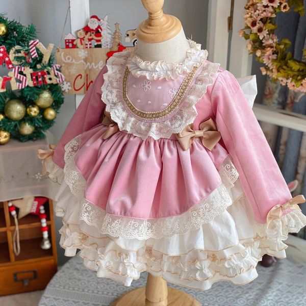 

baby girl autumn winter pink velvet vintage spanish pompom ball princess lolita dress for christmas birthday, Red;yellow