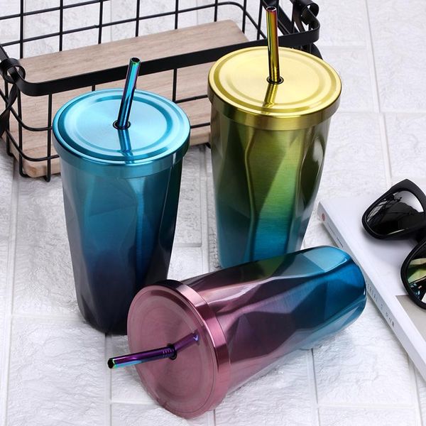 

drinking straws 473ml summer bottle double stainless steel thermocup with a rainbow straw water mug eco-friendly bar set