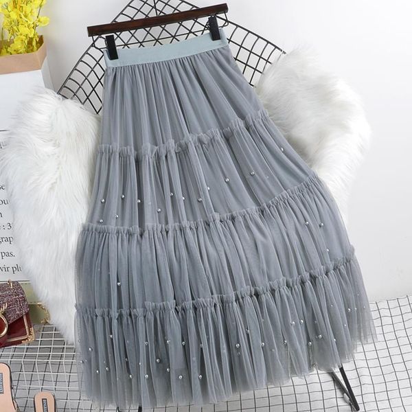 

skirts women 2021 spring autumn sweet cake layered long tulle skirt female high waist ruffled pleated lady fairy b978, Black