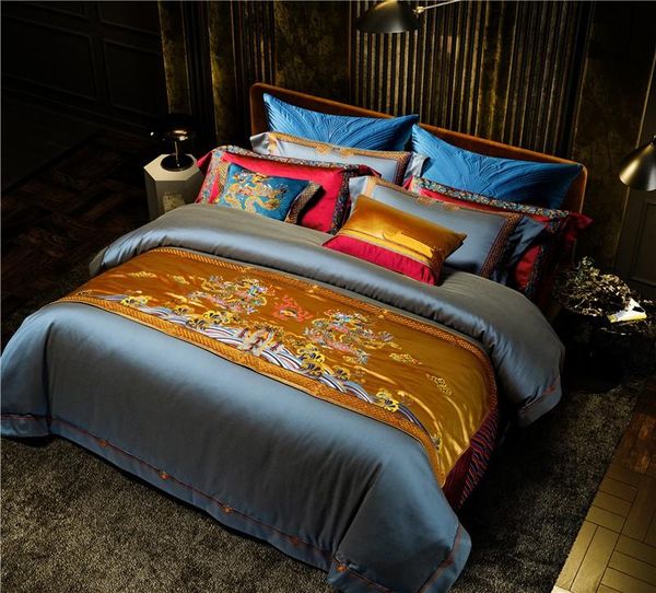

bedding sets 100%egyptian cotton gray blue duvet cover sheet set chic golden bed runner luxury 1000tc  king size 4/6/11pcs