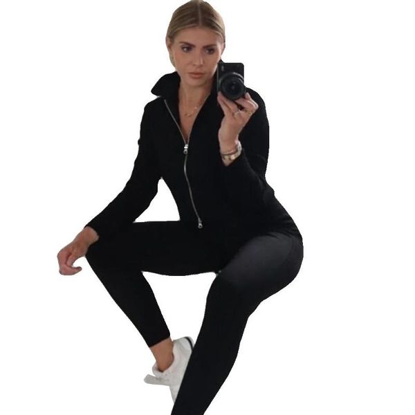 

women's tracksuits style european and american female fashion girly sense solid color long sleeve zipper sweater suit, Gray