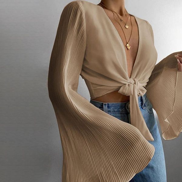 

women's blouses & shirts white lace up ruched patchwork for women v neck flare long sleeve solid female clothing 2021 summer style a191