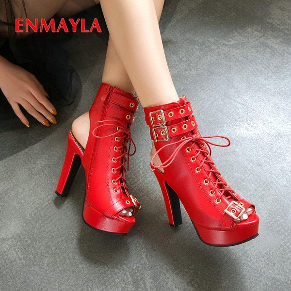 

dress shoes enmayla casual pu gladiator lace-up high heels sandals women fashion buckle square heel peep toe size 34-43, Black