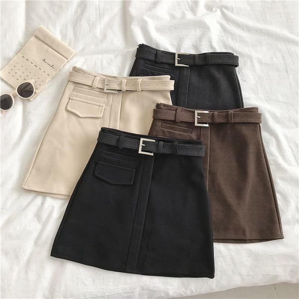 

skirts woolen womens clothes faldas casual solid high waist mini skirt saia spring and autumn a-line ropa mujer q2308, Black