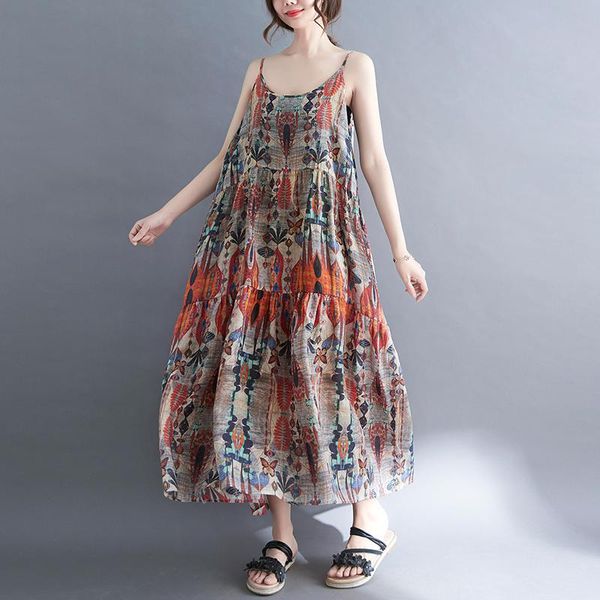

casual dresses sleeveless sunderss 2021 arrival thin ramie print floral fashion sling summer dress women travel beach style, Black;gray