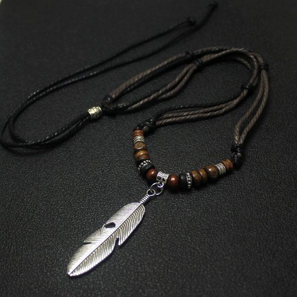 

pendant necklaces men necklace charm feather shape woven adjustable amulet style classic fashion jewelry, Silver