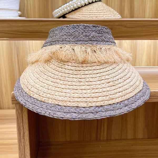 

2021 new adjustable women summer gray beige patchwork straw cap fringed big brim raffia sun visor packable upf 50+ beach hat 8njx, Blue;gray