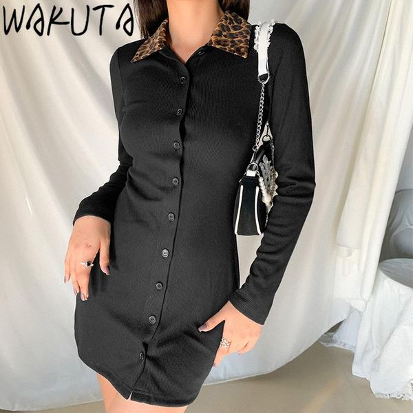 

casual dresses wakuta women leopard turn-down collar mini dress bouse autumn high street black lady chic patchwork sheath vestidos, Black;gray