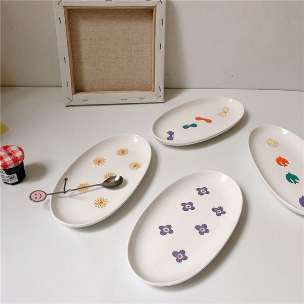 

dishes & plates japanese ins wind retro flower ceramic household kitchen accessories simple oval dessert snack plate dinner dish set