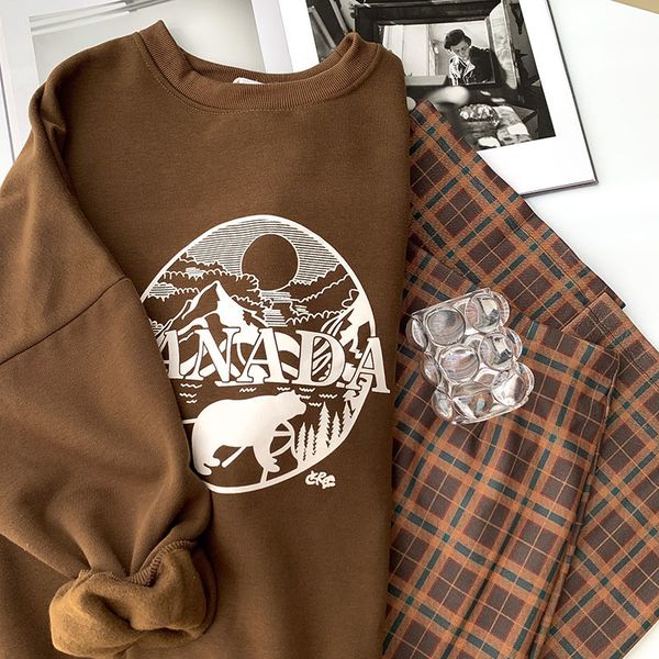 

2021 new mooirue spring women borwn o neck mountain letter printed fleece sweatshirt grel, Black