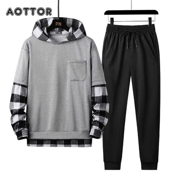 

spring autumn mens set tracksuit men plaid patchwork hoodies + pants 2 pieces set fashion studen sports suit streetwear 4xl 210714, Gray