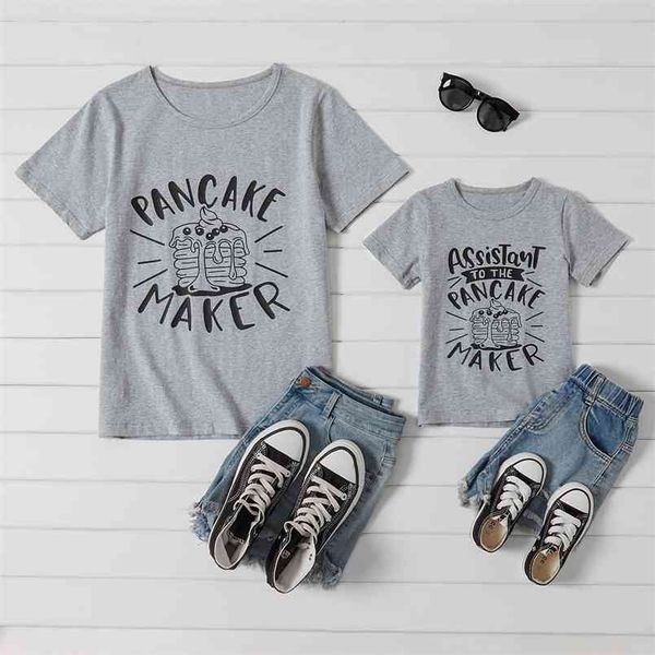 

summer letter print grey cotton t-shirts for mommy and me 210528, Blue