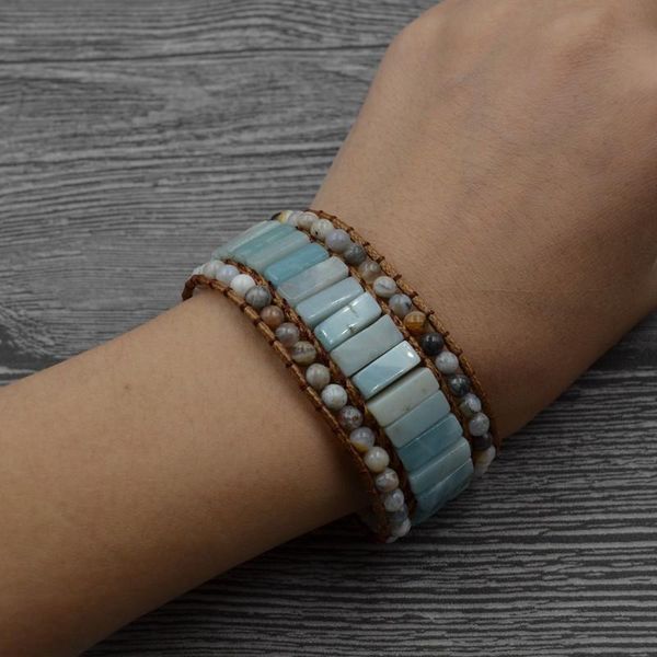

charm bracelets handmade natural stone leather warp bracelet bangle for women men matte amazonite strand cuff jewelry gift, Golden;silver