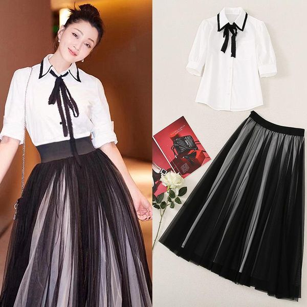 

two piece dress paragraph with bowknot white shirt black gauze skirt outfit