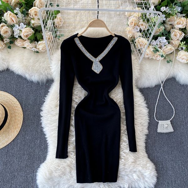 

y design diamond knitted dress women korean v neck long sleeve slim dress autumn winter bodycon short sweater dress, Black;gray
