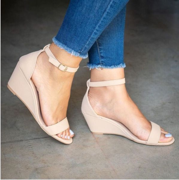 

large summer sandals women's high heel slope buckle women, Black