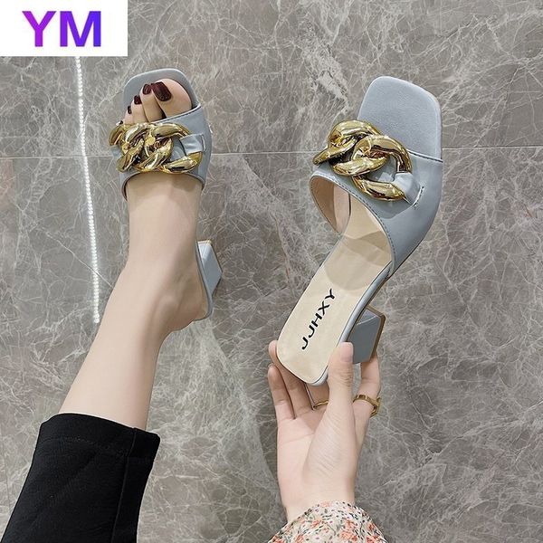 

2021 solid women sandals square toe summer lady heels shoes fashion metal decorate ladies sandals zapatillas mujer casa 43 k78, Black
