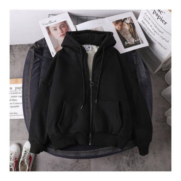 

women's hoodies & sweatshirts with hat women thicker winter warm soft simple basic zip-up teens outerwear hoodie korean trendy ladies c, Black