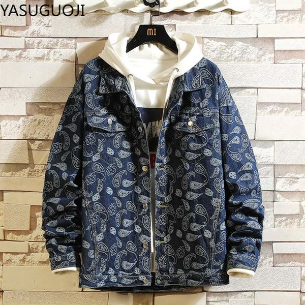 

men's jackets yasuguoji 2021 spring denim jacket off shoulder print embroidery loose lapel stitching retro cowboy jeans top, Black;brown