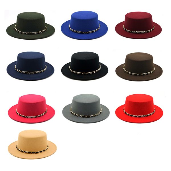 

winter autumn women wool felt boater hat flat fedoras hat ladies with chain band wide brim feltro bowler gambler cap, Blue;gray